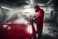 automobile repairman painter hand in protective glove with airbrush pulverizer painting car body in paint chamber