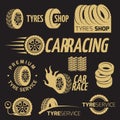 Automobile rubber tire shop, car wheel, racing vector logos and labels set