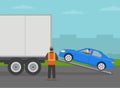 Automobile shipping service. Blue sedan car entering semi-trailer. Shipping truck being loaded by cars. Royalty Free Stock Photo