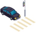 Automobile stands at traffic light near crosswalk. Driver stops in front of pedestrian crossing Royalty Free Stock Photo