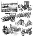 Automobile or transport collage with road transport and water transport / Vintage and Antique illustration from Petit Larousse 191 Royalty Free Stock Photo