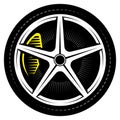 Automobile wheel assembly. Rubber sports tire on a disk. Color vector image. Element for design