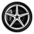 Automobile wheel assembly. Rubber sports tire on a disk. Monochrome vector image. Element for design