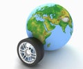 Automobile wheel and globe. 3D render Illustration