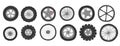 Automobile wheels. Doodle car tires. Tractor and motorcycle disks. Bicycle and light vehicle tyres set with different Royalty Free Stock Photo