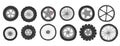 Automobile wheels. Doodle car tires. Tractor and motorcycle disks. Bicycle and light vehicle tyres set with different shapes and Royalty Free Stock Photo