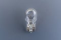 Automotive classic halogen bulb. Filament, glass and metal, high energy consumption. Gray background. Close-up view. copy space.