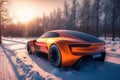 electric snow transportation vehicle transport car automobile cold road winter. Generative AI.