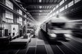 automotive factory with blurred lines of moving vehicles and equipment