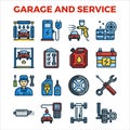 Automotive garage and service outline color icon collection. pixel perfect alignment icon. Royalty Free Stock Photo