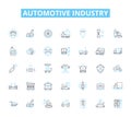 Automotive industry linear icons set. Automobiles, Vehicles, Cars, Trucks, Motorcycles, Manufacturing, Engineering line