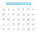 Automotive industry linear icons set. Automobiles, Vehicles, Cars, Trucks, Motorcycles, Manufacturing, Engineering line