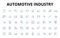 Automotive industry linear icons set. Automobiles, Vehicles, Cars, Trucks, Motorcycles, Manufacturing, Engineering