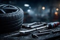 Automotive Maintenance Tools and Tire in a Professional Workshop Setting Generative AI Royalty Free Stock Photo
