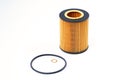 Automotive oil filter with a sealing ring on a white background. Royalty Free Stock Photo