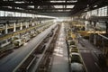 automotive plant, with row of cars in various stages of construction