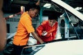 Automotive service mechanic inspect and diagnose car engine. Oxus