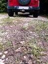 Automotive tire tracks on muddy trail, car in background. Mud and wheel trace on road after rain with green grass. Royalty Free Stock Photo