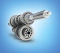 Automotive transmission gearbox Gears inside on blue gradient background 3d render Royalty Free Stock Photo