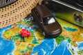 Automotive Travel Destination Points on World Map Indicated with Colorful Thumbtacks, Rope and Shallow Depth of Field. Royalty Free Stock Photo