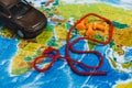 Automotive Travel Destination Points on World Map Indicated with Colorful Thumbtacks and Shallow Depth of Field. Royalty Free Stock Photo