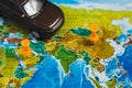 Automotive Travel Destination Points on World Map Indicated with Colorful Thumbtacks and Shallow Depth of Field. Royalty Free Stock Photo