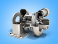 Automotive turbocharger turbine 3d render on blue