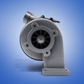 Automotive turbocharger turbine 3d render on blue gradient