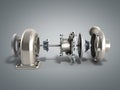 Automotive turbocharger turbine 3d render on grey