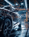 Dynamic chrome particle effect showcases polished automotive design in industrial setting