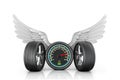 Automotive wheel with speedometer and wings
