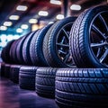 Automotive workshop showcasing a stack of new winter tires for sale