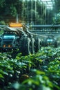 Autonomous agricultural robots tending to plants in a greenhouse with advanced technology.