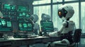 Autonomous AI Robotic System Monitoring Data Screens in High-Tech Workspace, Artificial Intelligence technology disruption job