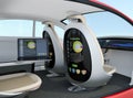 Autonomous car interior concept. Screen of the seat and laptop showing same document in sync mode