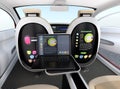 Autonomous car interior concept. Screen of the seat and laptop showing same document in sync mode