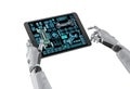 Autonomous car maintenance with engineer robot hold digital tablet with electric car user interface Royalty Free Stock Photo