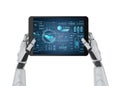 Autonomous car maintenance with engineer robot hold digital tablet with electric car user interface