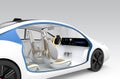 Autonomous car's interior concept. The car offer folding steering wheel, rotatable passenger seat