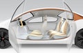 Autonomous car's interior concept. The car offer folding steering wheel, rotatable passenger seat