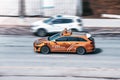 autonomous car of sber autotech moving fast on the street. self-driving Kia Ceed Sportswagon with sensor radar system in motion Royalty Free Stock Photo