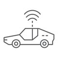 Autonomous car thin line icon, technology and future car, self driving sign, vector graphics, a linear pattern on a