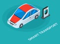 Autonomous car vehicle standing near the charger. Smart and techonology concept vector illustration Royalty Free Stock Photo