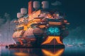 autonomous cargo ship is docked at futuristic megacity, with vibrant nightlife and commerce