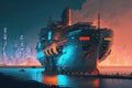 autonomous cargo ship is docked at futuristic megacity, with vibrant nightlife and commerce