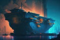 autonomous cargo ship is docked at futuristic megacity, with vibrant nightlife and commerce