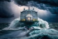 autonomous cargo ship on the high seas, with view of stormy weather and lightning in the background Royalty Free Stock Photo
