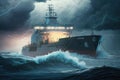 autonomous cargo ship on the high seas, with view of stormy weather and lightning in the background Royalty Free Stock Photo