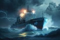 autonomous cargo ship navigating stormy ocean, with lightning strikes in the distance Royalty Free Stock Photo