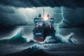 autonomous cargo ship navigating stormy ocean, with lightning strikes in the distance Royalty Free Stock Photo
